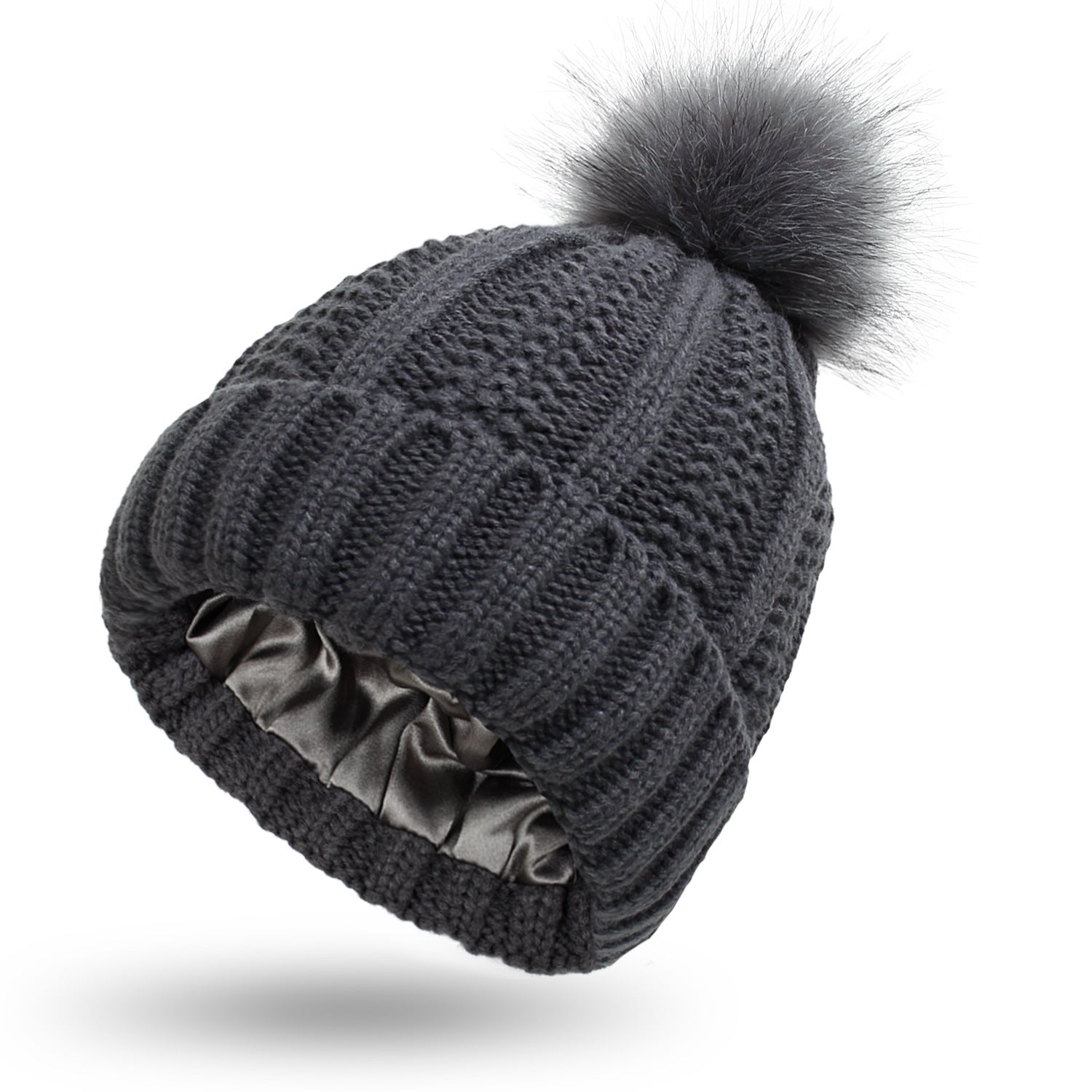 Dark Grey One size Stretchy Satin-Lined Skull Knit Pom Pom Hat | Hats Daverri Fashions