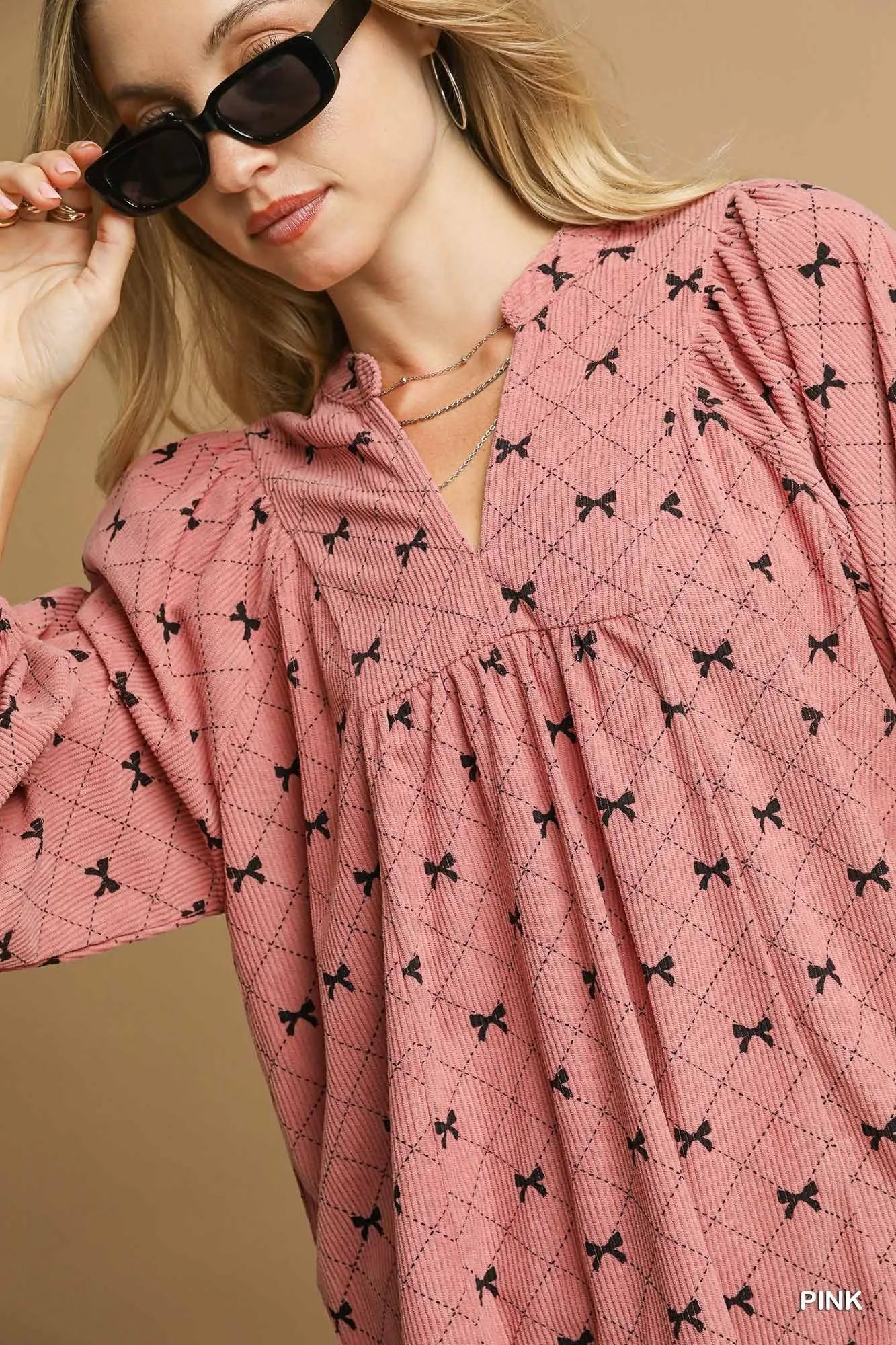 Umgee Corduroy Bow Print Balloon Sleeve Blouse | Blouses Daverri Fashions
