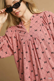 Umgee Corduroy Bow Print Balloon Sleeve Blouse | Blouses Daverri Fashions