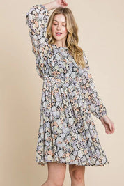Lime 'N' Chili Chiffon Floral Print Belted Dress with Back Zipper | Daverri Fashions