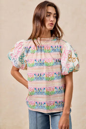BiBi Ruffle Neckline Blouse With Embroidery Bubble Sleeve | Daverri Fashions