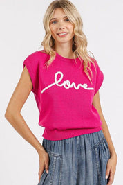 Hot Pink Mittoshop Contrast Letter Round Neck Cap Sleeve Knit Top | Tops Daverri Fashions