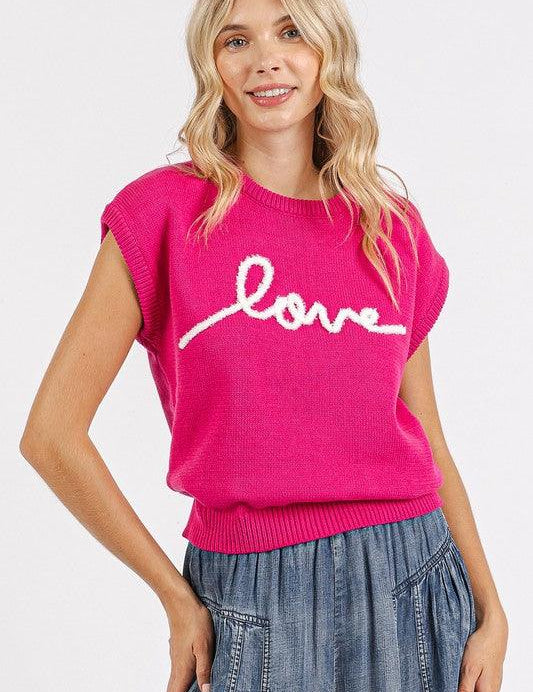 Hot Pink Mittoshop Contrast Letter Round Neck Cap Sleeve Knit Top | Tops Daverri Fashions