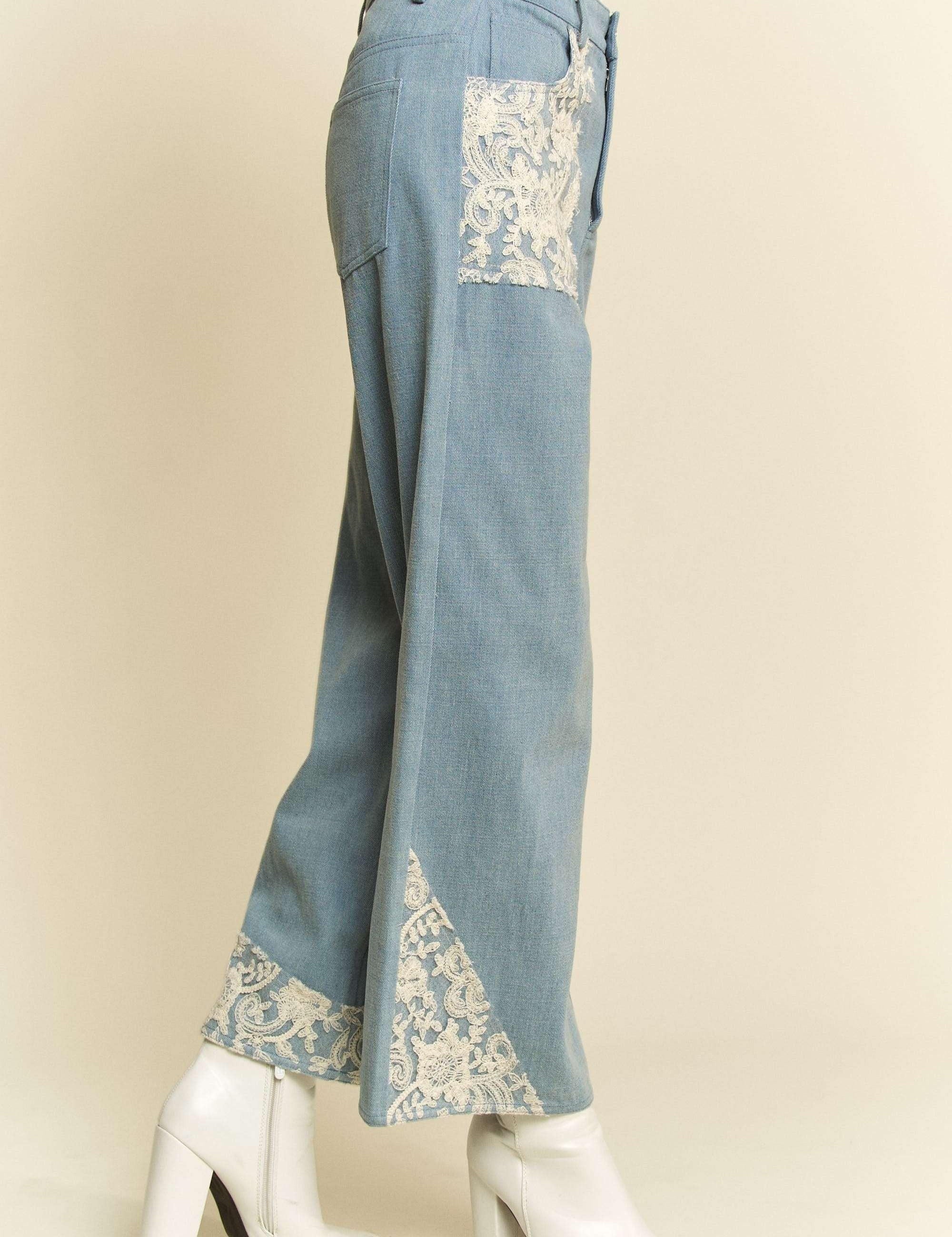 Davi & Dani Lace Applique Wide Leg Jeans | Jeans Daverri Fashions