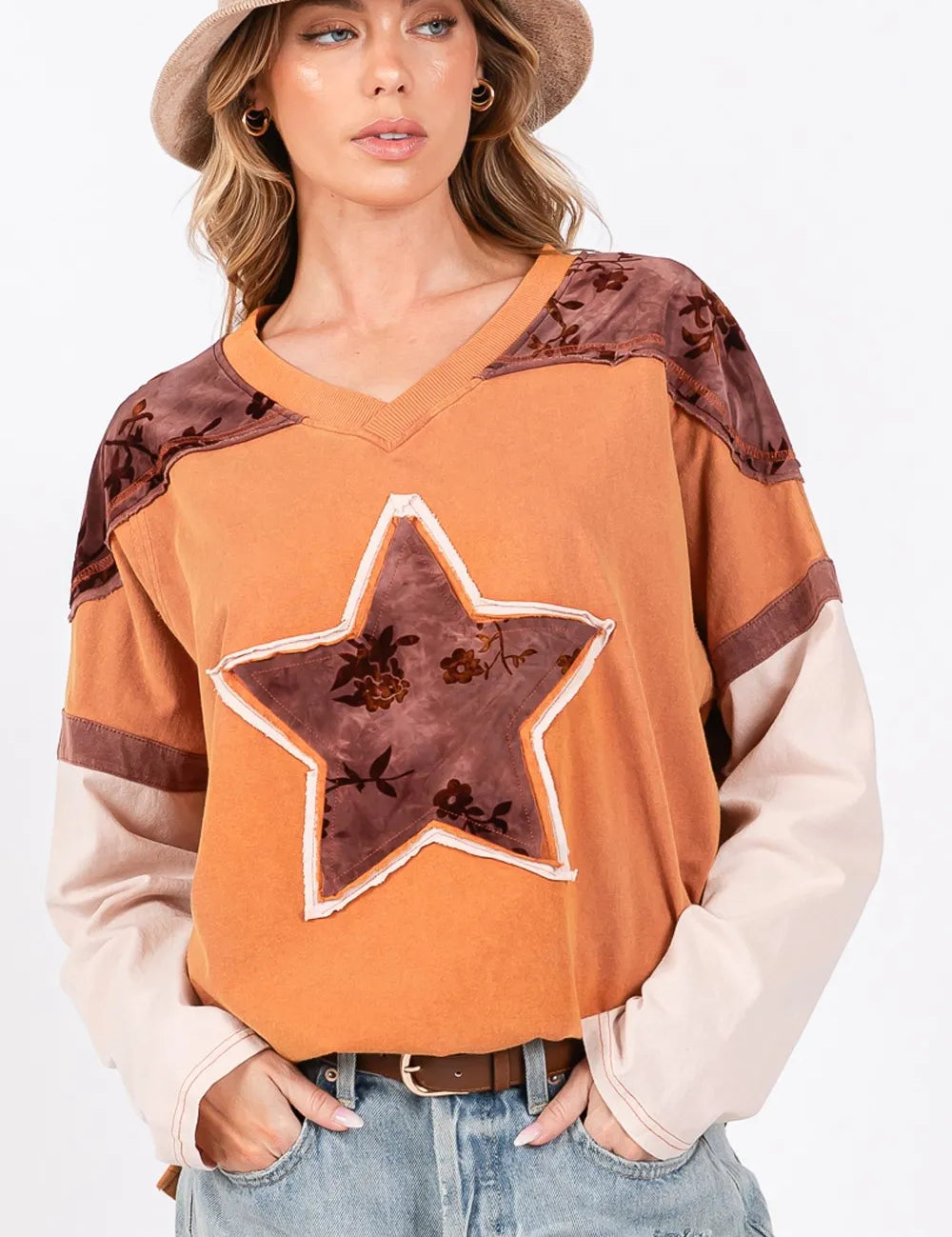 Rust M SAGE + FIG Star Patch Long Sleeve Color Block T-Shirt | T-Shirts Daverri Fashions