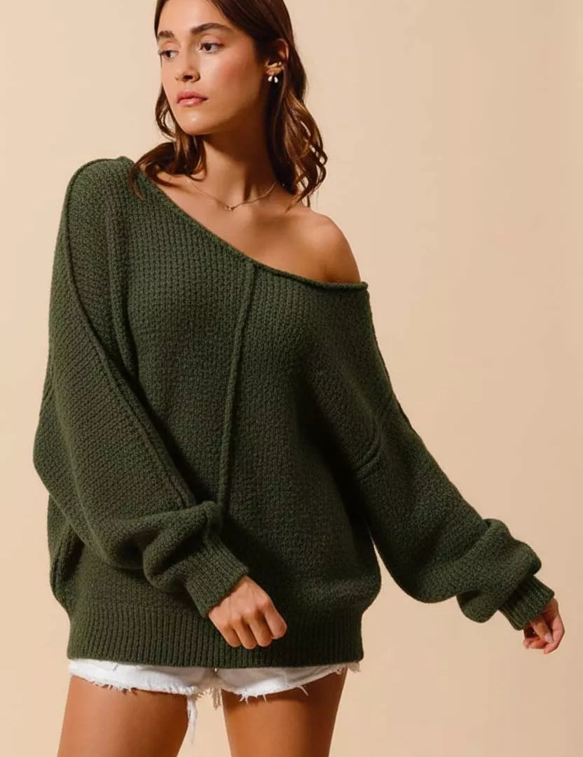 OLIVE SO ME Loose Fit Exposed Seam Slouchy Boucle Sweater Olive | Sweaters Daverri Fashions