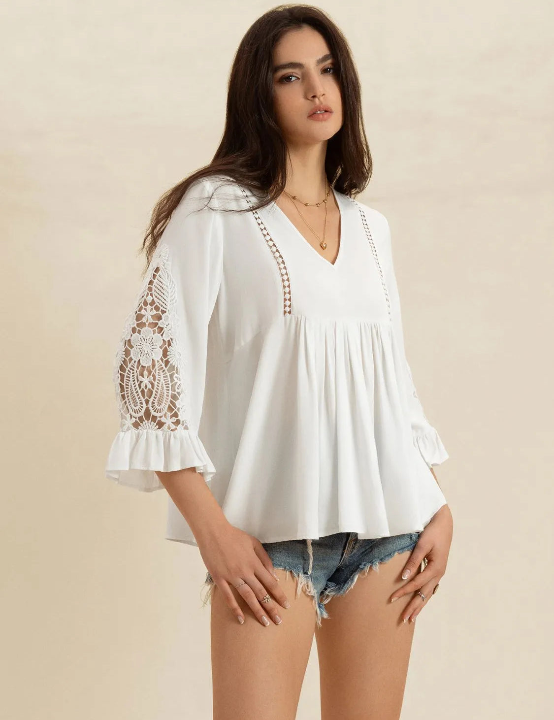 V-Neck Lace Flounce Sleeve Top | Blouses Daverri Fashions