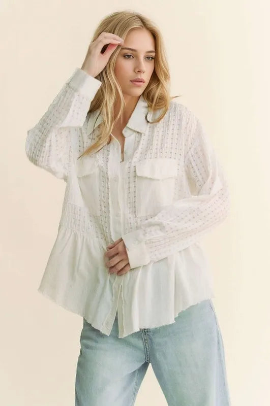 White Davi & Dani Garment Washed Jacquard Button Front Shirt | Shirts Daverri Fashions