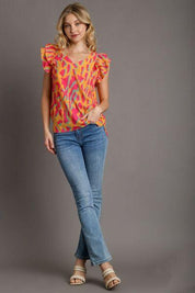 Umgee Full Size Abstract Print V-Neck Double Layer Ruffle Sleeve Blouse Plus Size | Blouses Daverri Fashions