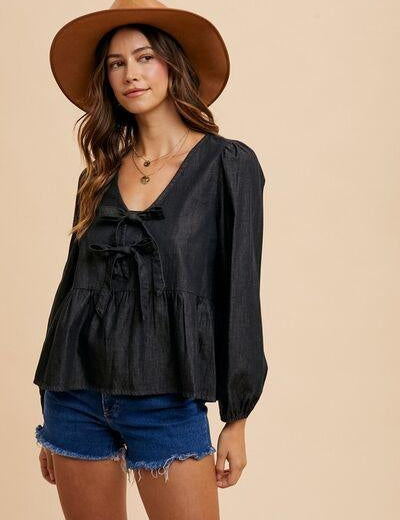 Black L Annie Wear Black Tie Front Peplum Long Sleeve Denim Top | Tops Daverri Fashions