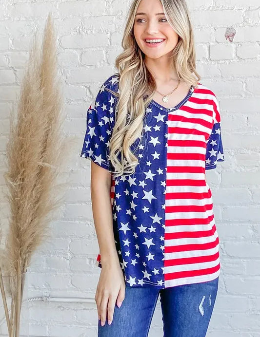 RED NAVY And The Why American Flag Short Sleeve Top | Tops Daverri Fashions