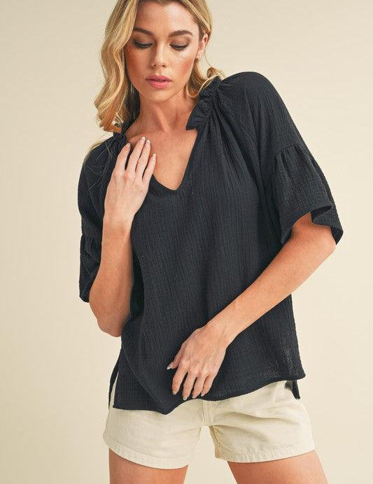 Aemi + Co Side Slit Notched Ruffled Half Sleeve Blouse | Blouses Daverri Fashions