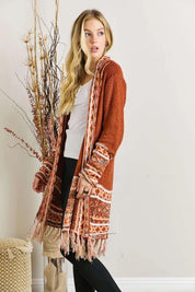 ADORA Plus Size Fringe Hem Aztec Border Cardigan | Cardigans Daverri Fashions