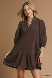 Chocolate Umgee French Terry Ruffle Hem Dress with Plaid Trim | Mini Dresses Daverri Fashions