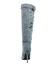 Cornik Multi Color Stones Denim Boots | Boots Daverri Fashions