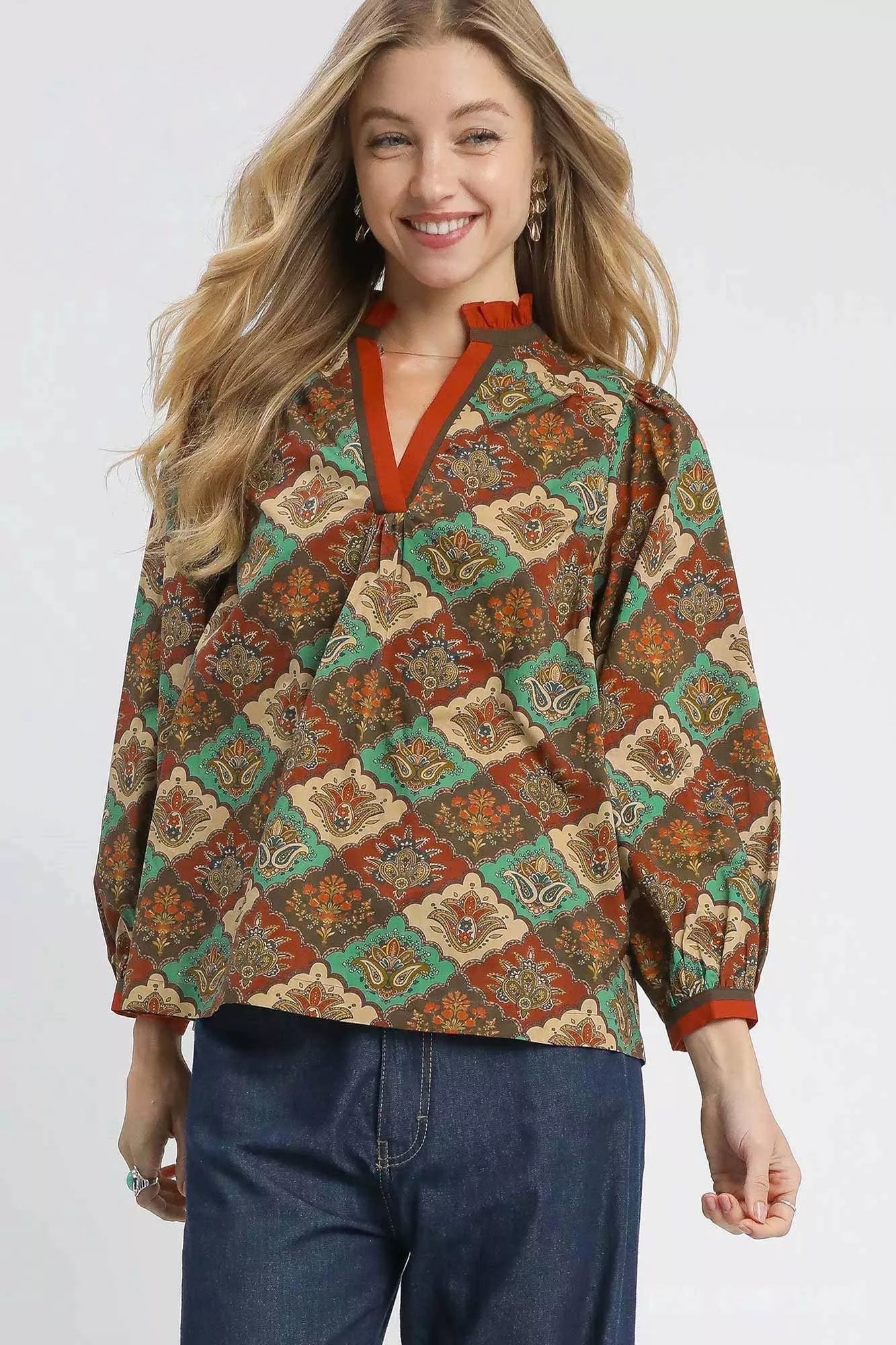 TEAL GREEN MIX Umgee Abstract Print Ruffle Neck Top | Daverri Fashions