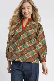 TEAL GREEN MIX Umgee Abstract Print Ruffle Neck Top | Daverri Fashions