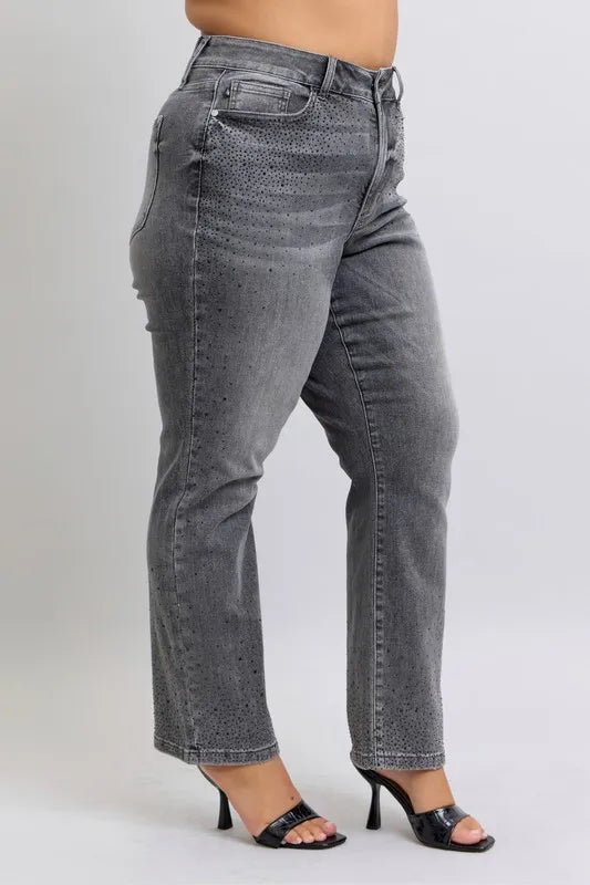 Judy Blue Full Size High Waist Rhinestone Straight Jeans Plus Size | Daverri Fashions