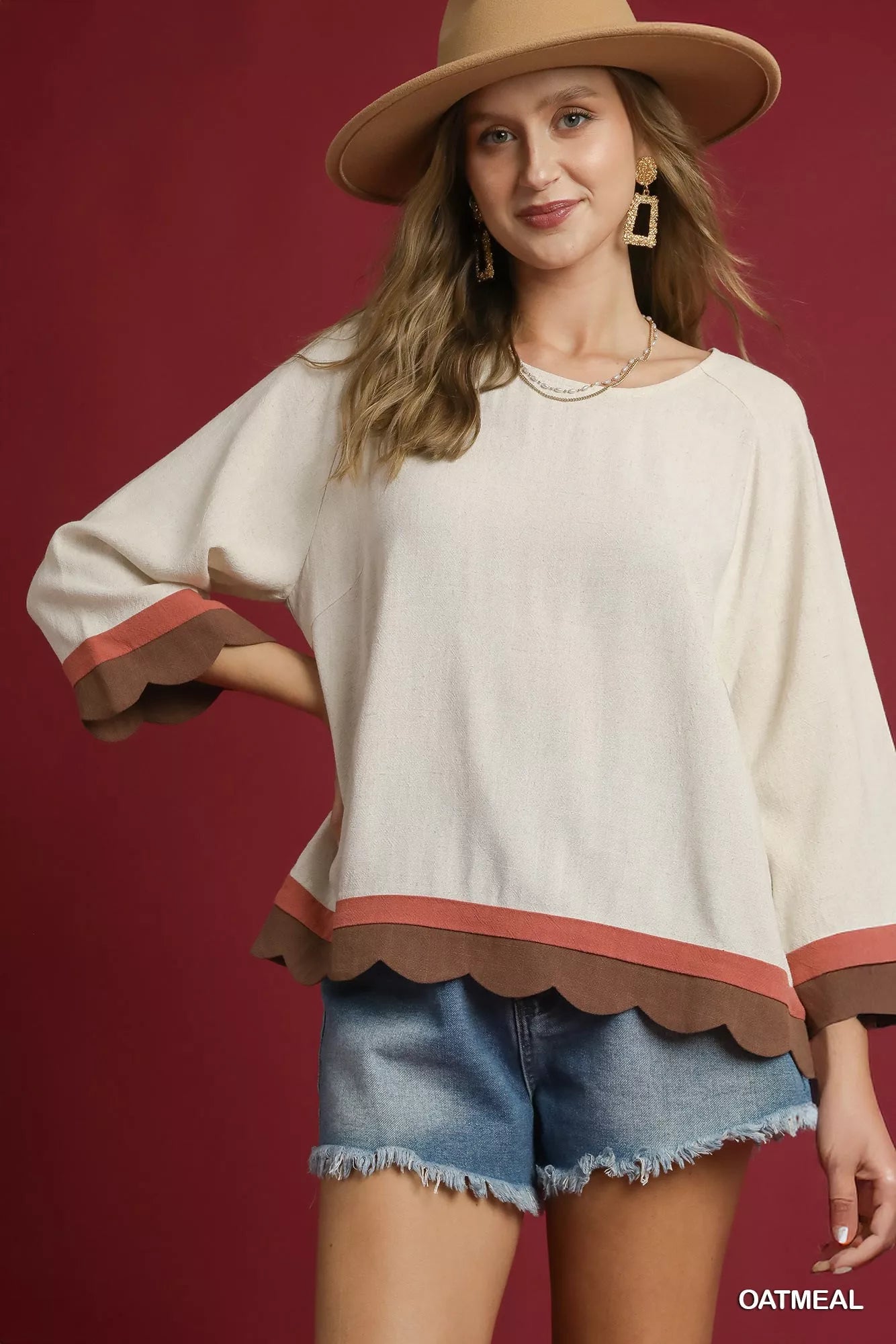 OATMEAL Umgee Scalloped Hem Color Block Top | Blouses Daverri Fashions