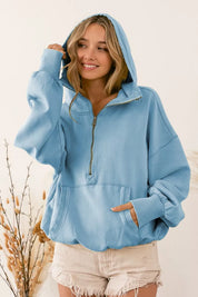 DENIM BiBi Stitch Detailed Elastic Hem Half Zip Fleece Hoodie Blue | Hoodies Daverri Fashions