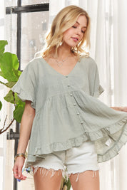 ADORA Button Down Ruffled Babydoll Blouse | Daverri Fashions