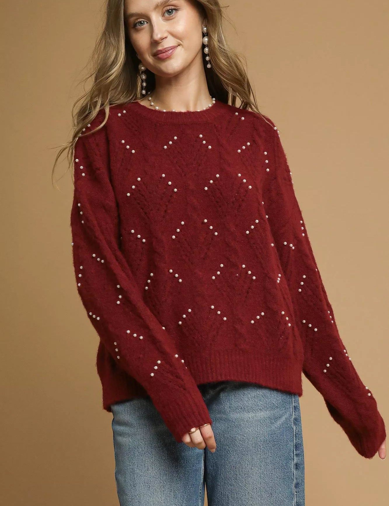 Red Umgee Pearl-Embellished Long Sleeve Sweater | Sweaters Daverri Fashions