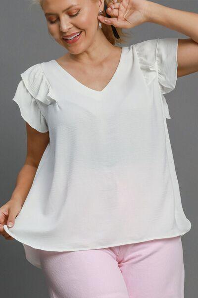 Umgee Full Size V-Neck Double Layered Ruffle Sleeve Blouse Plus Size | Blouses Daverri Fashions
