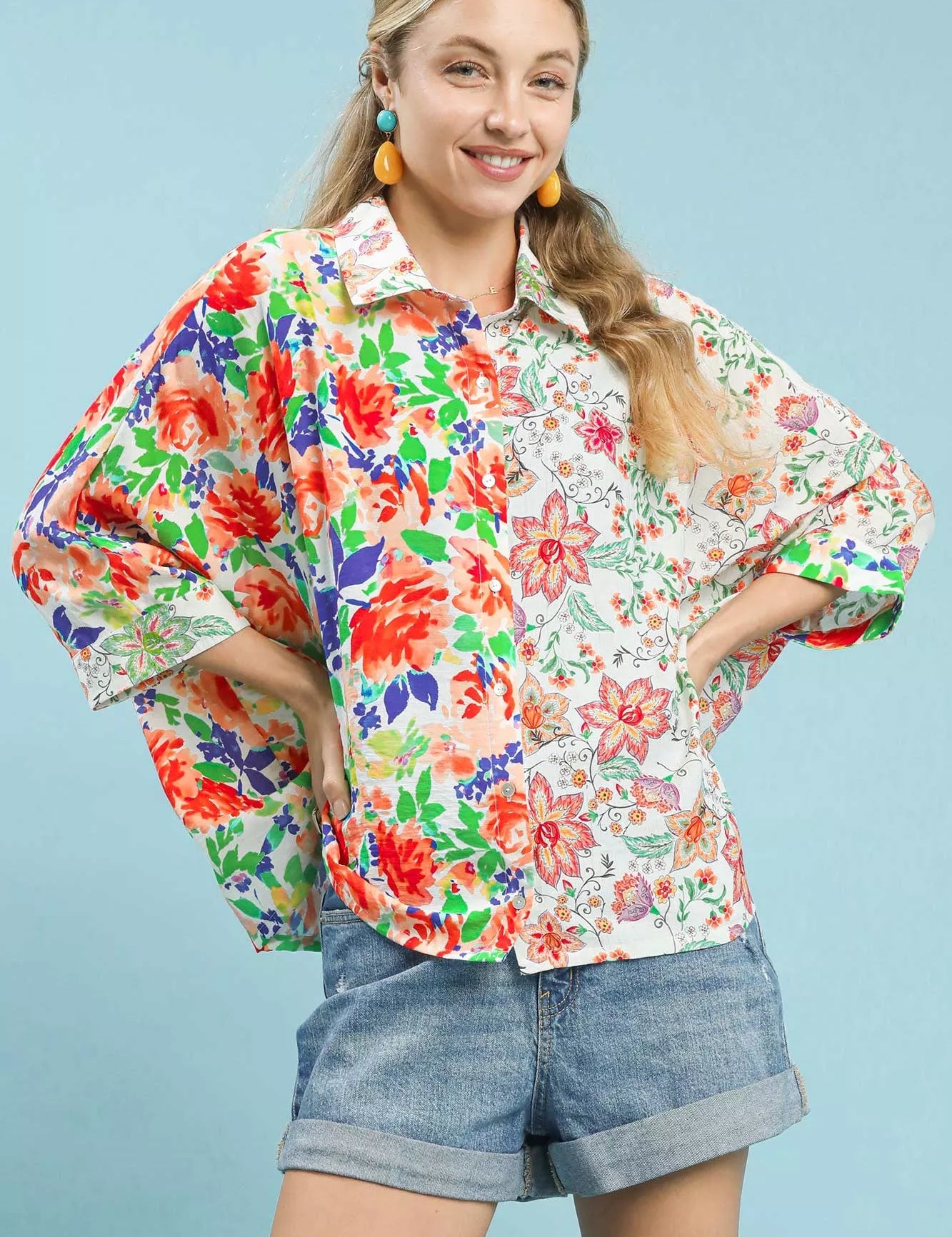 ORANGE MIX Umgee Mixed Floral Oversized Button Down Shirt | Daverri Fashions