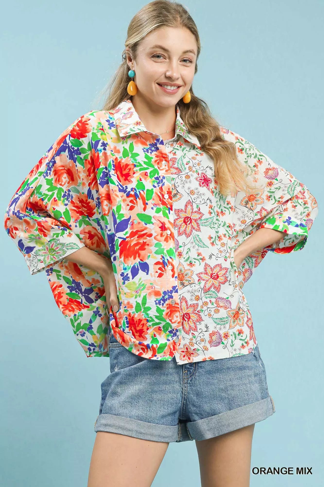 ORANGE MIX Umgee Mixed Floral Oversized Button Down Shirt | Daverri Fashions