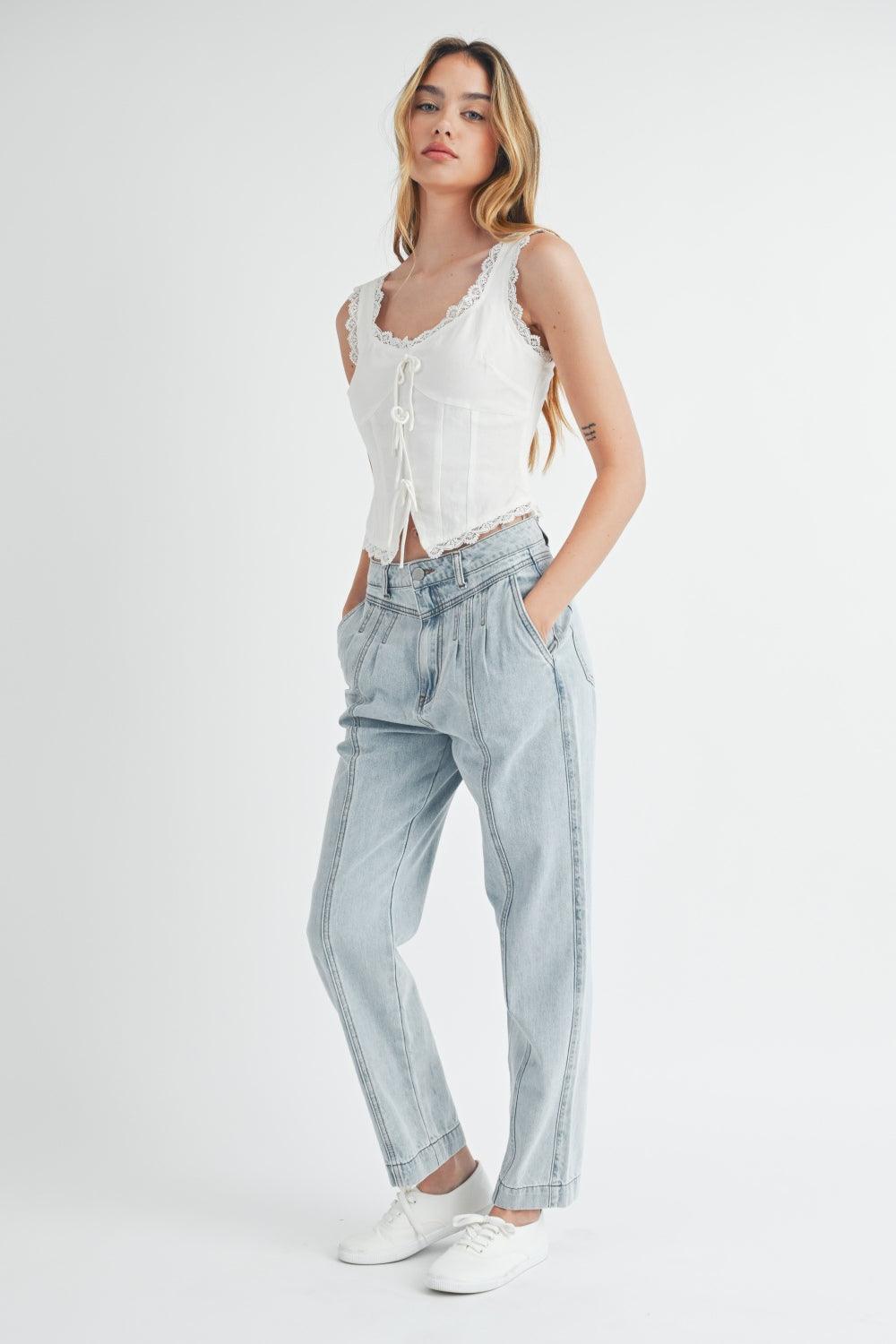 MABLE Pleated Front Detail Straight Jeans | Jeans Daverri Fashions