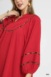 Umgee Textured Babydoll Dress with Leopard Trim | Daverri Fashions