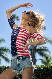 BiBi American Flag Off Shoulder With Front Ruched Top | Tops Daverri Fashions