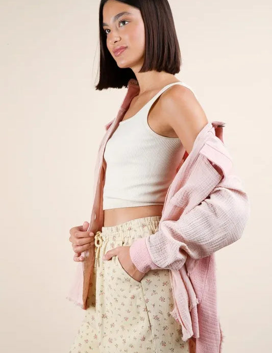 VERY J Mineral Washed Oversized Gauze Shacket | Shackets Daverri Fashions