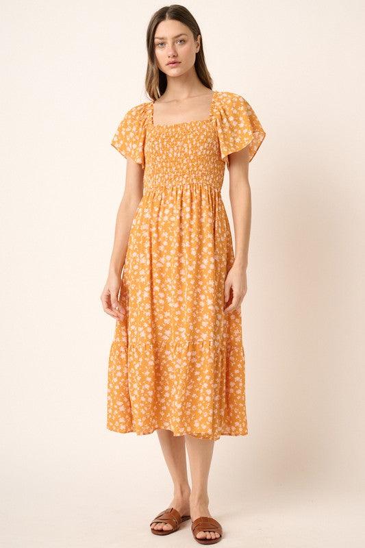 Mittoshop Flower Print Flutter Sleeve Smocked Midi Dress | Mid Dresses Daverri Fashions