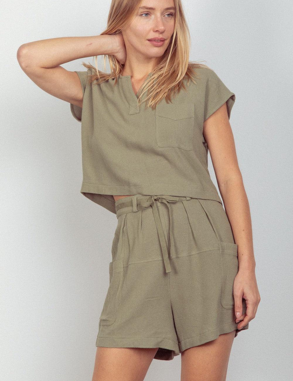 SAGE VERY J Woven Cropped Top & Waist Tie Shorts Set | Outfit Sets Daverri Fashions