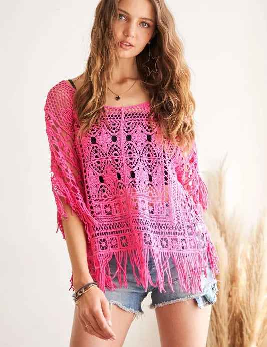 HOT PINK One Size ADORA Fringe Hem Crochet Top | Tops Daverri Fashions