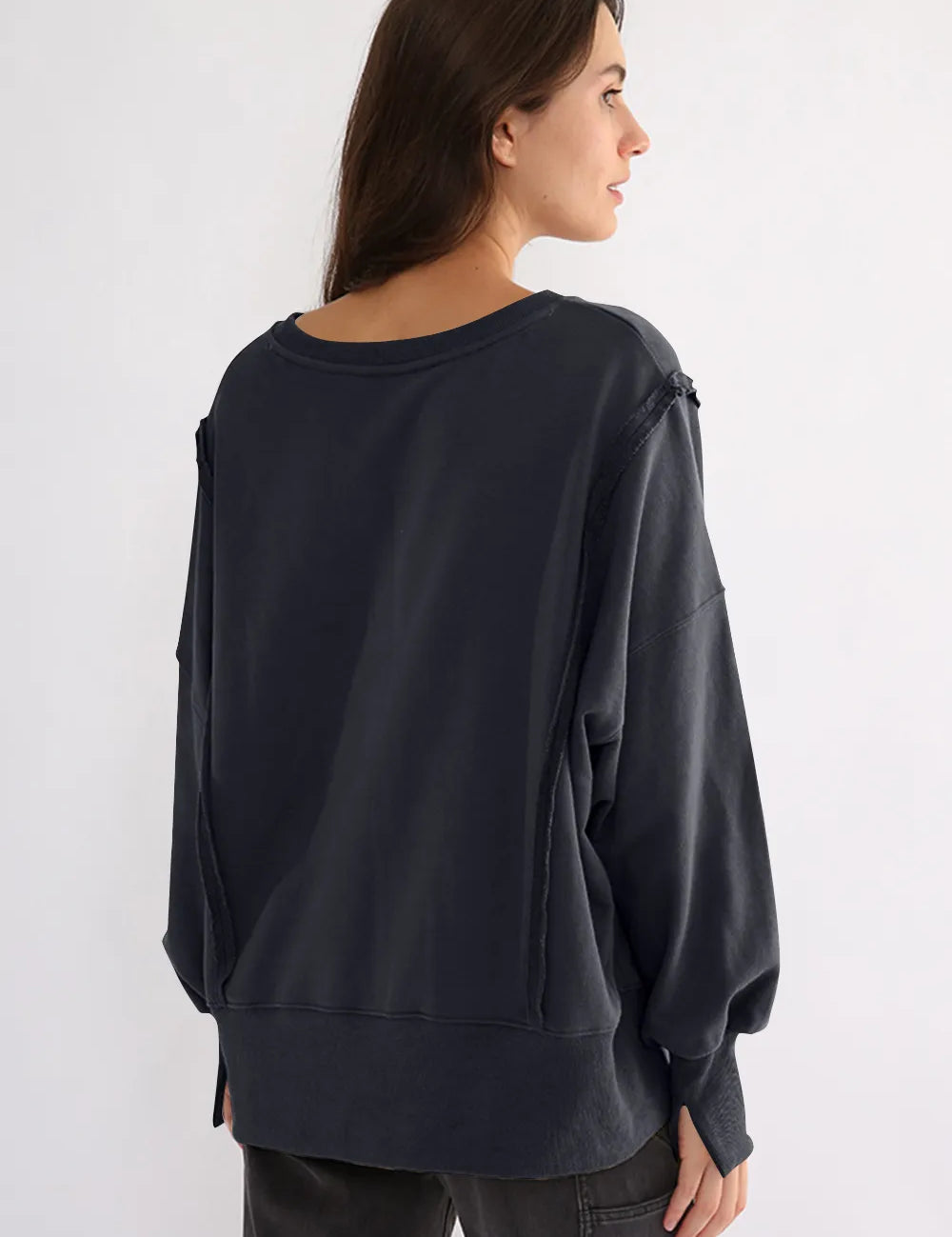 Exposed Seam High-Low Long Sleeve Sweatshirt | Daverri Fashions