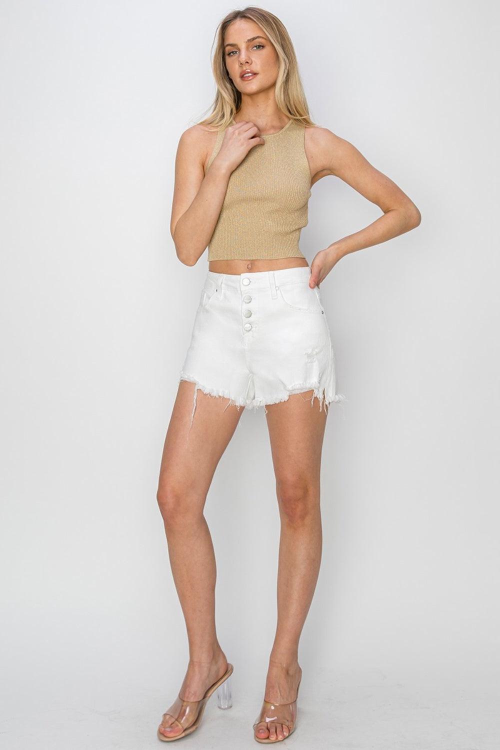 RISEN Button Fly Frayed Hem Denim Shorts | Daverri Fashions