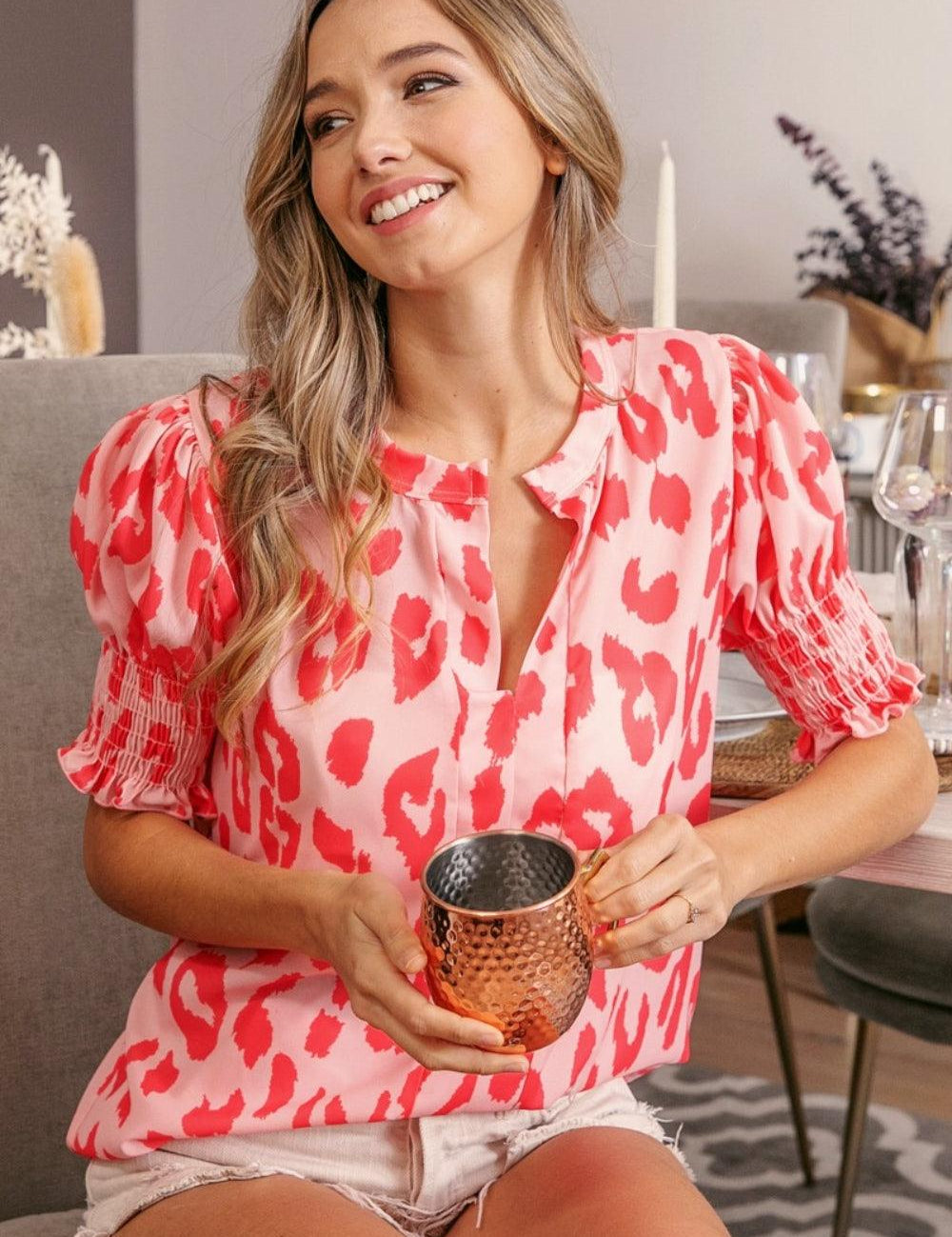 Peach Coral BiBi Leopard Smocked Short Sleeve Blouse | Blouses Daverri Fashions