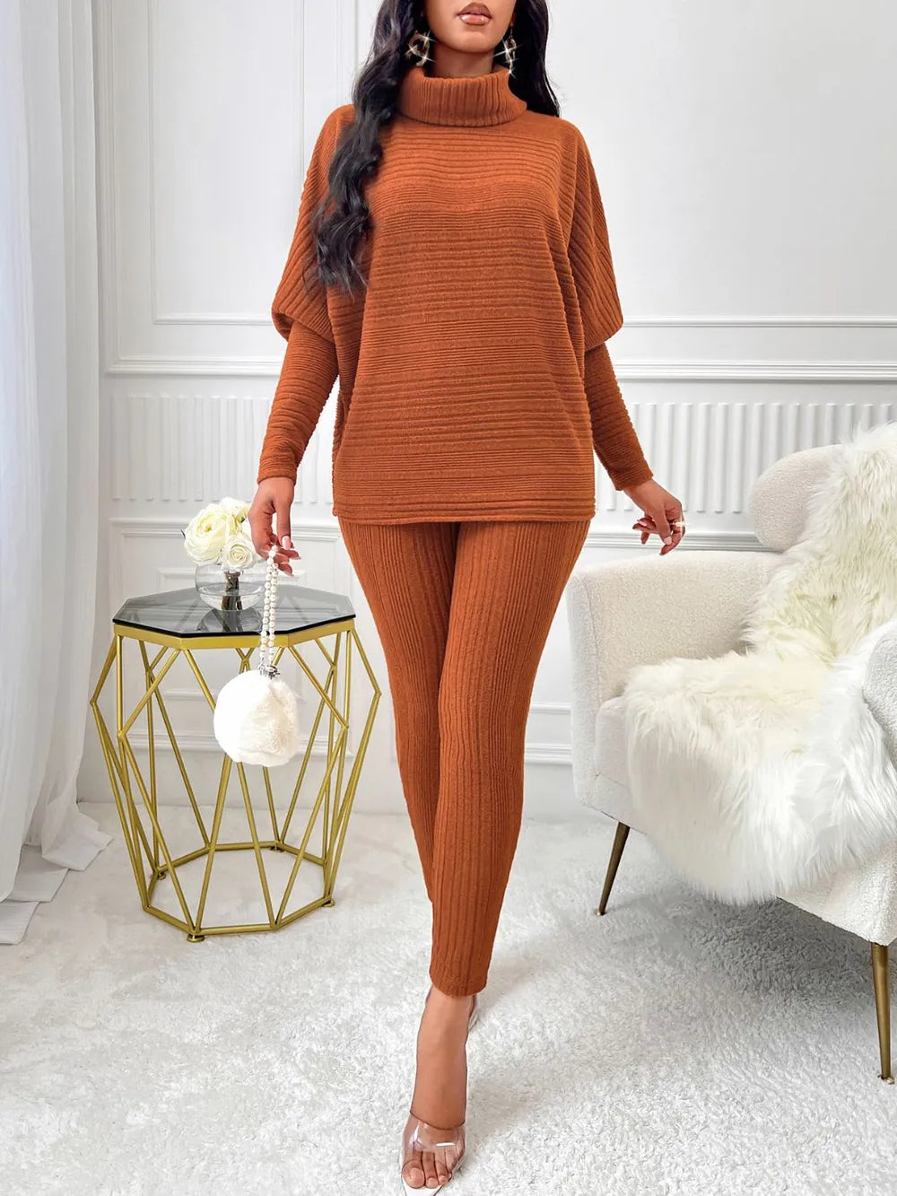 Turtleneck Batwing Sleeve Top and Pants Set | Outfit Sets Daverri Fashions