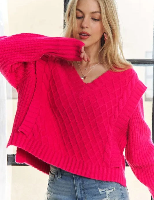 HOT PINK ADORA Ruffle Detail Adorable Sweater | Sweaters Daverri Fashions