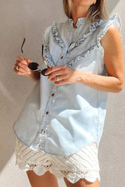 Frill Button Down Ruffled Cap Sleeve Denim Top | Tops Daverri Fashions