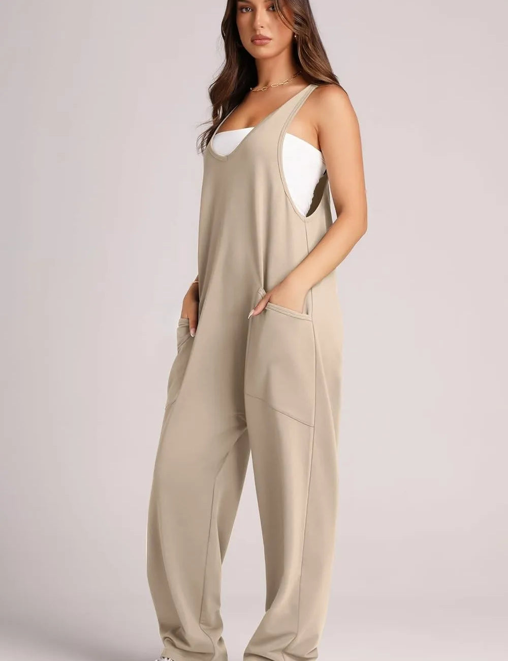 Khaki Lovelet Wide Strap Jumpsuit with Pockets | Overalls Daverri Fashions