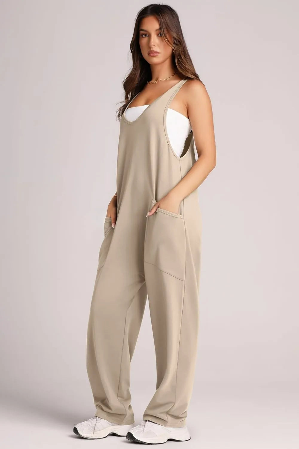 Khaki Lovelet Wide Strap Jumpsuit with Pockets | Overalls Daverri Fashions