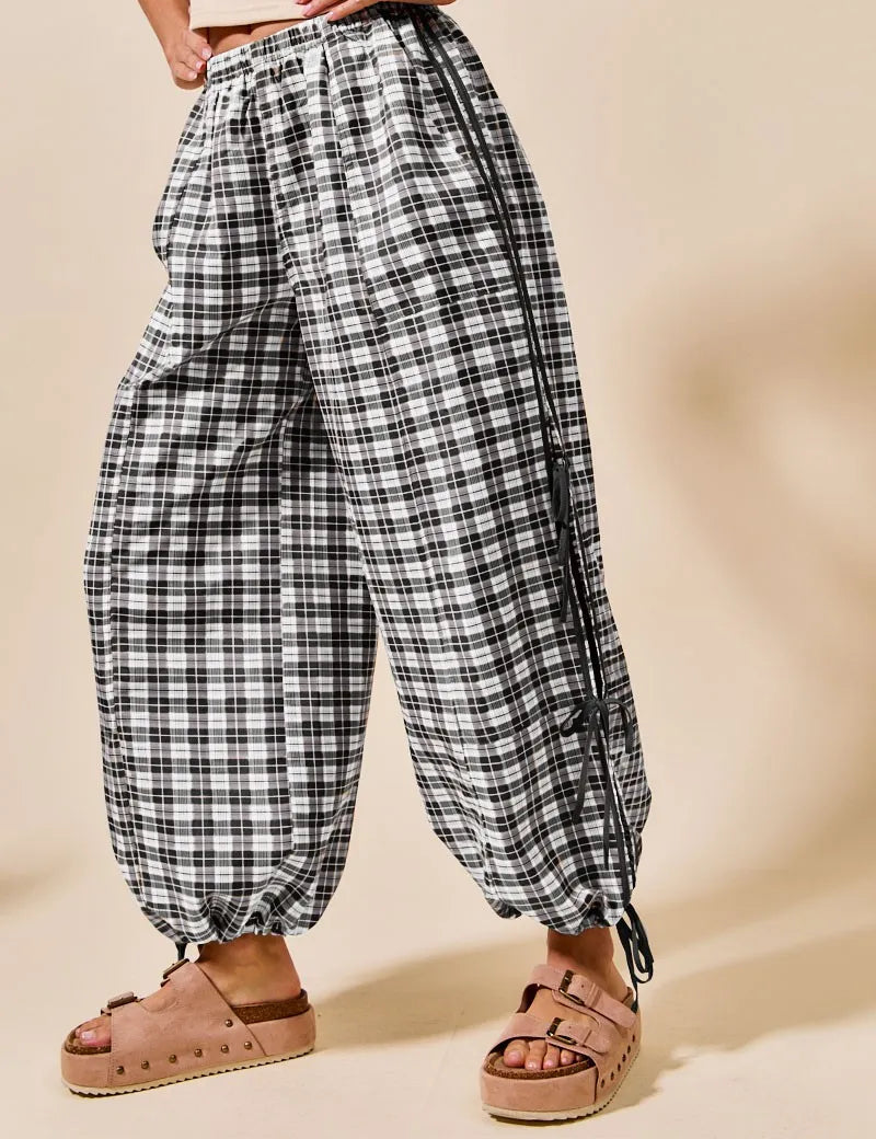 IVORY BLACK SO ME Plaid Elastic Waist Balloon Pants | Daverri Fashions