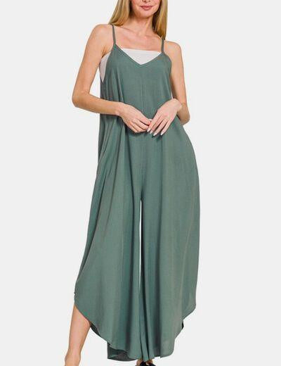 Zenana Sleeveless Curved Hem Wide Leg Overalls with Pockets | Daverri Fashions