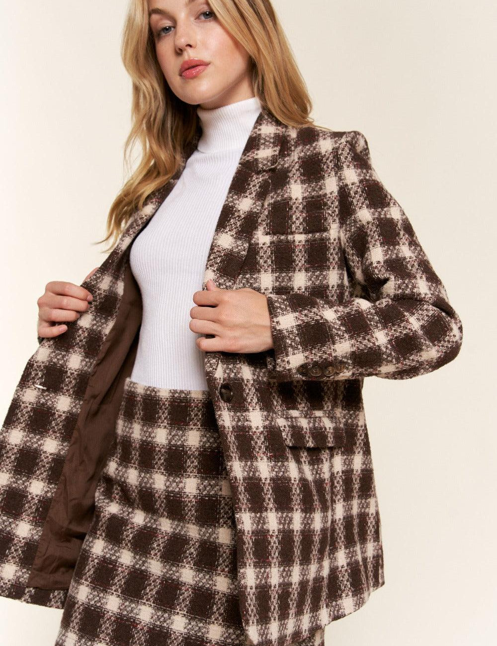 Brown And The Why Full Size Plaid Brushed One Button Blazer | Daverri Fashions