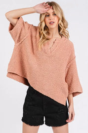Mittoshop Side Slit Notched Drop Shoulder Sweater | Sweaters Daverri Fashions