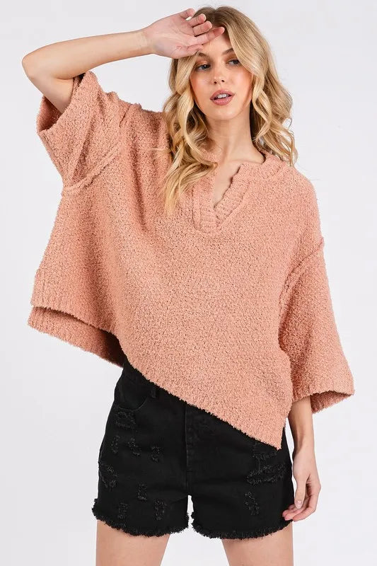 Mittoshop Side Slit Notched Drop Shoulder Sweater | Sweaters Daverri Fashions