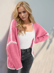 Pink Double Take Contrast Open Front Dropped Shoulder Cardigan | Cardigans Daverri Fashions